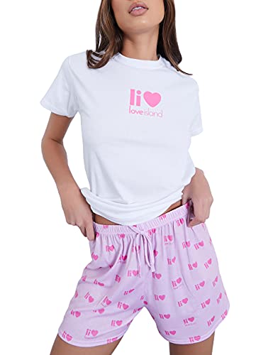 Love Island Tshirt And Short Pyjama Set (14, White Pink)